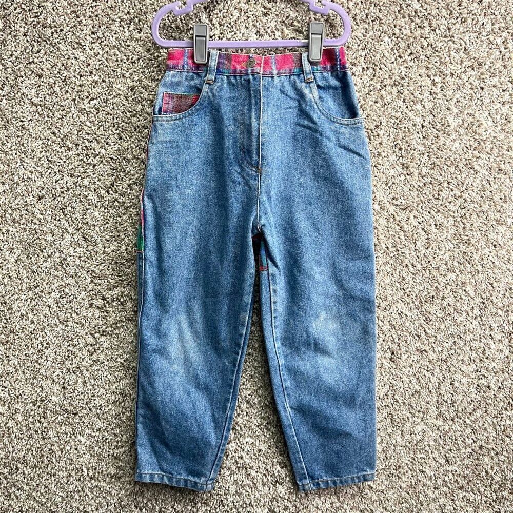 Vintage BonJour High Rise Blue and Red Plaid Patchwork Jeans in Size 6